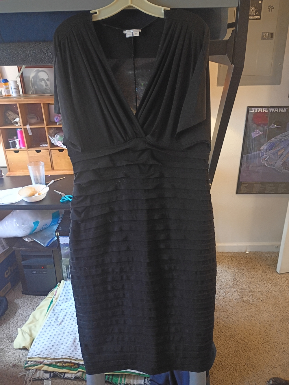 London Times Black Midi V-Neck Ruched Waist Dress